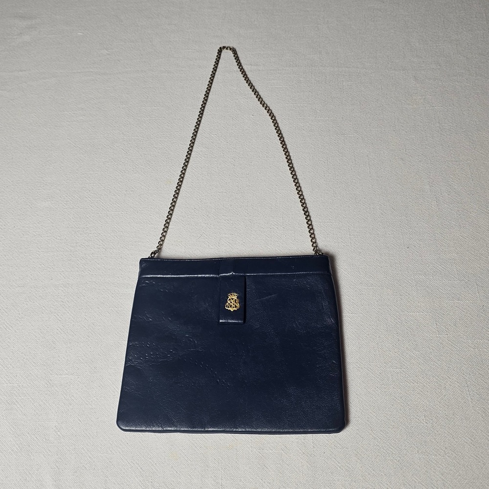 Crown Lewis Vintage Navy Blue Leather Gold Chain Shoulder Bag Crown Crest Logo